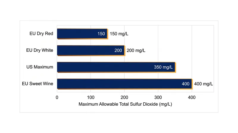Regulatory limits for total sulfur dioxide vary significantly by region and wine style, with sweet wines requiring the highest allowances to prevent secondary fermentation.