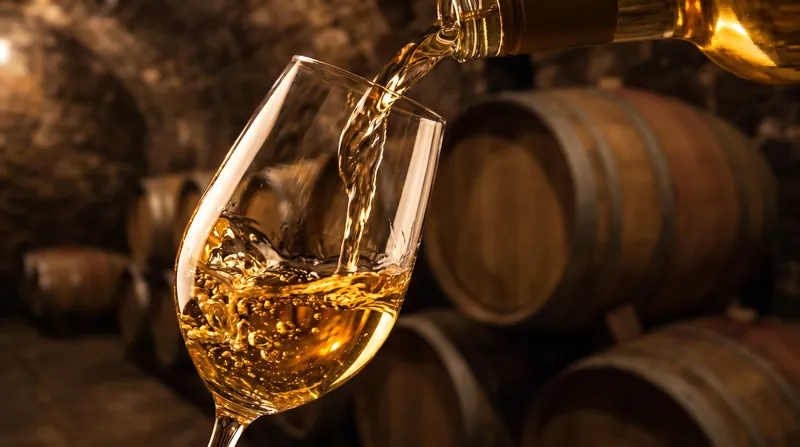 A close-up of a glass of white wine being poured in a dark cellar, illuminated by warm amber light.