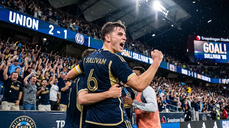 Philadelphia Union players celebrate on the pitch at Snapdragon Stadium during their match against San Diego FC.