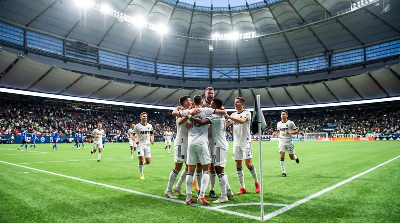 Austin FC players in away kits celebrating a goal on the soccer pitch at BC Place.