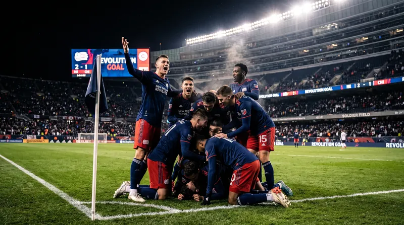 New England Revolution players celebrate a goal on the pitch at Soldier Field during a night match.