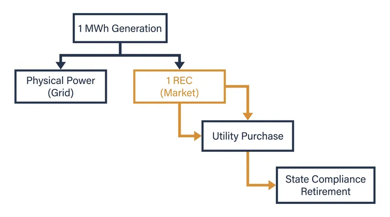 How one megawatt-hour of renewable generation splits into physical power and a tradable certificate.