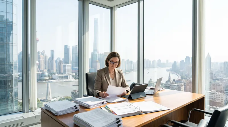 A corporate real estate portfolio manager reviews compliance documents in a modern glass-walled office overlooking a city skyline.