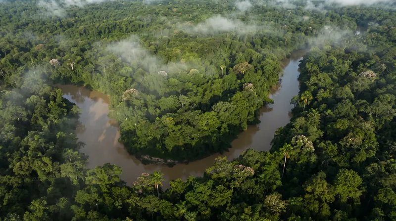 An aerial view of the dense green canopy of the Amazon rainforest intersected by a river.