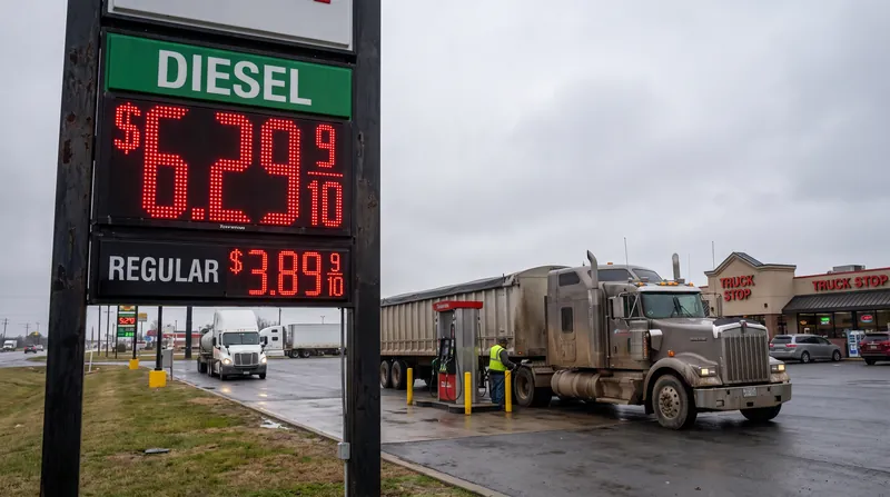 A large digital gas station sign displaying diesel prices above six dollars per gallon.