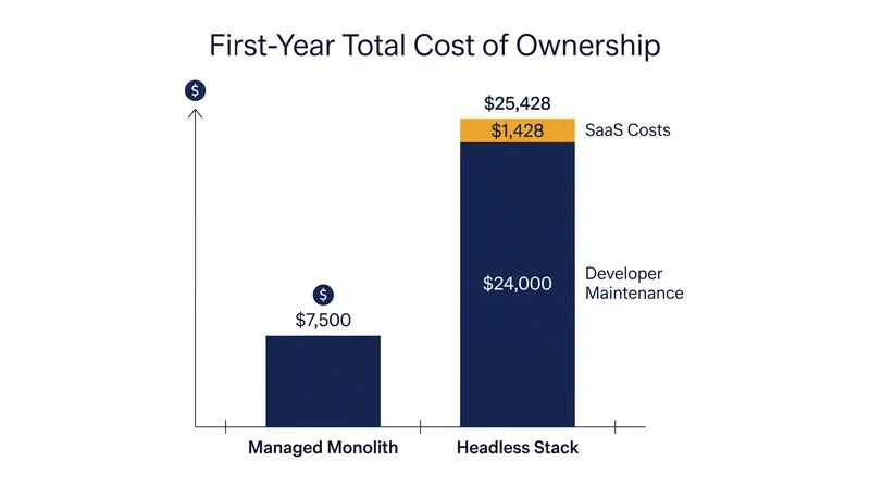 While headless software costs are lower, mandatory developer maintenance drastically increases the total cost of ownership.