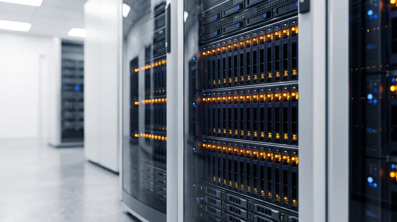 A row of modern computer servers in a data center with glowing indicator lights.