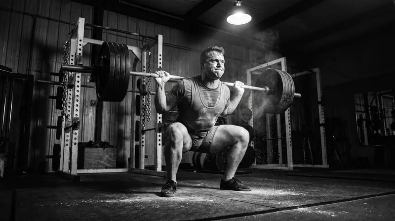 A muscular athlete holds the bottom position of a barbell back squat inside a commercial gym.
