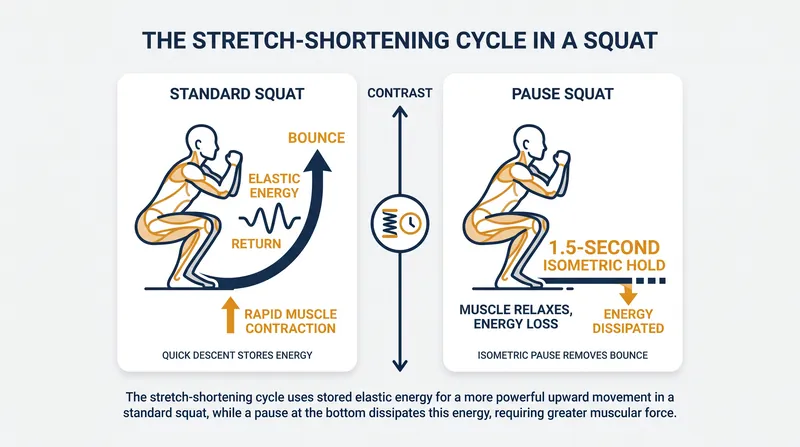 Pausing for 1.5 seconds dissipates the elastic energy stored in tendons, forcing the muscles to generate force from a dead stop.