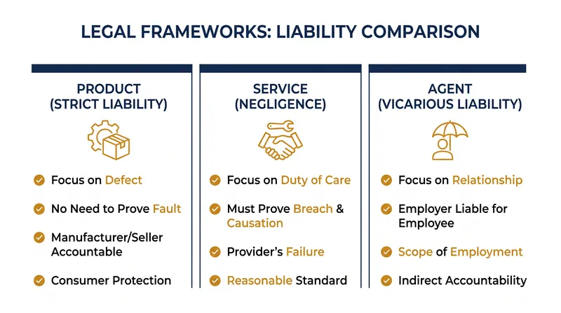 The three competing legal frameworks for AI liability.