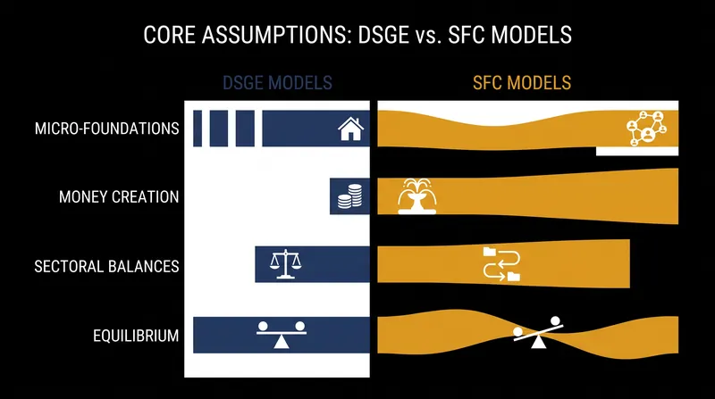 Traditional DSGE models prioritize individual behavioral optimization, while SFC models prioritize strict accounting constraints.