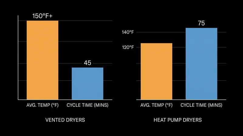 Heat pump models operate at lower temperatures, reducing fabric wear but increasing cycle times by approximately 44 percent.