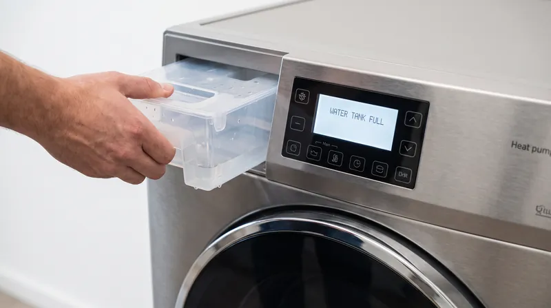 Moisture extracted from clothes condenses into liquid water, which is either pumped into a drain or collected in a removable tank.
