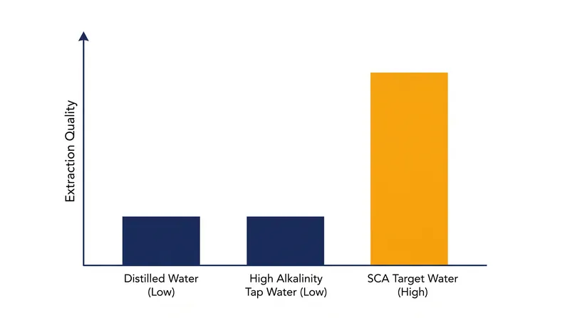 Distilled water lacks the minerals to extract flavor, while high-alkalinity water flattens acidity.