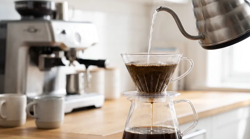 A close-up view of clear water pouring from a kettle onto a bed of coffee grounds in a glass pour-over brewer.
