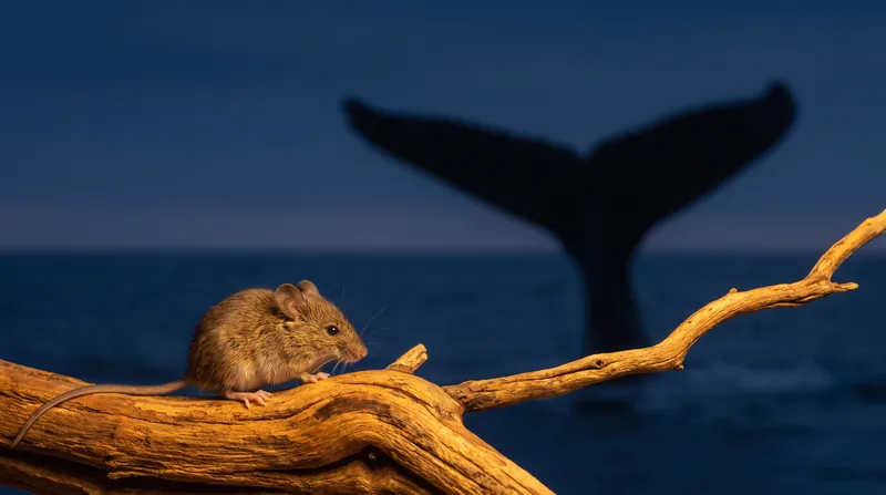 A conceptual macro photograph showing the silhouette of a small mouse juxtaposed against the massive silhouette of a blue whale.