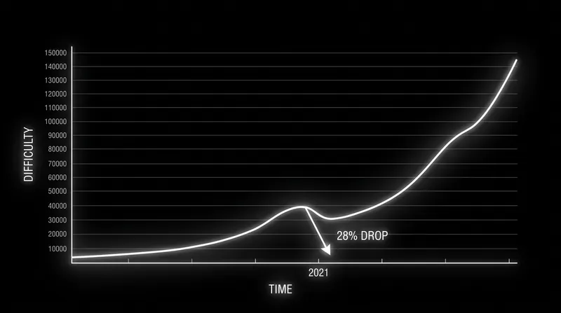 Historical difficulty adjustments demonstrate the network's ability to recover from sudden hash rate drops.