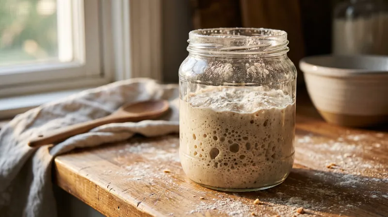 A glass jar filled with bubbling, active sourdough starter sitting on a wooden kitchen counter dusted with flour.