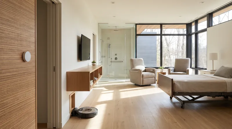 A modern, accessible living room featuring a subtle wall-mounted smart sensor and a robotic vacuum docked in the baseboard.