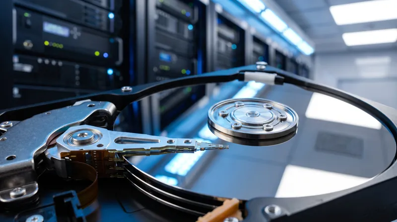 A close-up view of the internal magnetic platter and actuator arm of a computer hard drive.