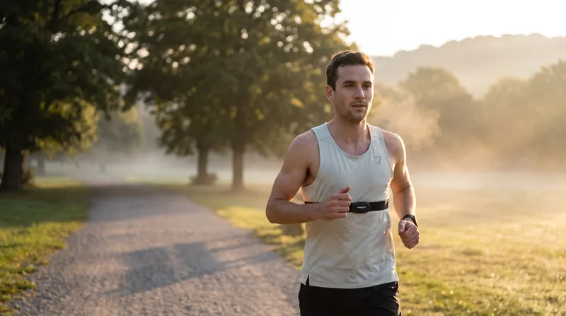 A runner jogging outdoors in the early morning while wearing a heart rate monitor chest strap.