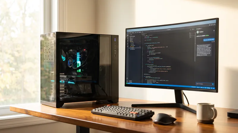 A high-end Windows PC workstation with a transparent case revealing a glowing NVIDIA RTX graphics card on a desk.