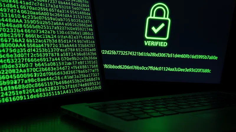 A computer monitor displaying hexadecimal code and a cryptographic hash string with a verified padlock icon.