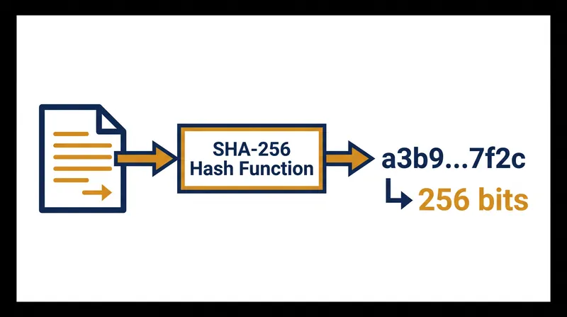 A hash function compresses any document into a fixed-length 256-bit digest.