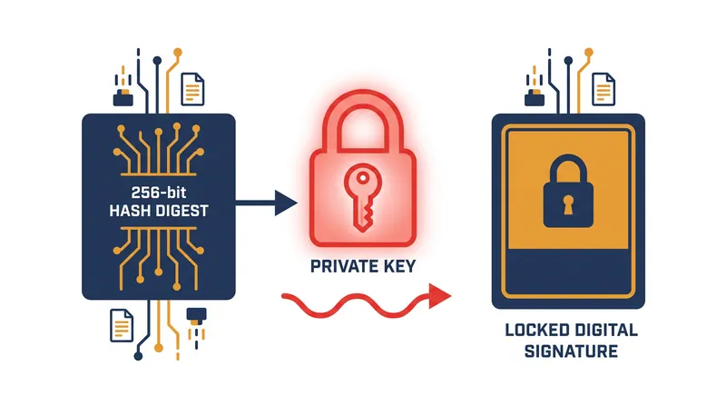 The sender's private key encrypts the hash digest to create the final digital signature.