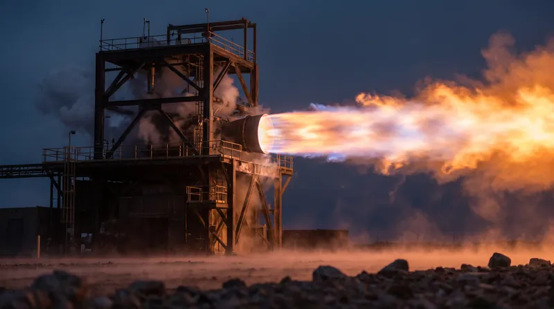 A massive rocket engine undergoing a static test fire, producing a bright, powerful exhaust plume.