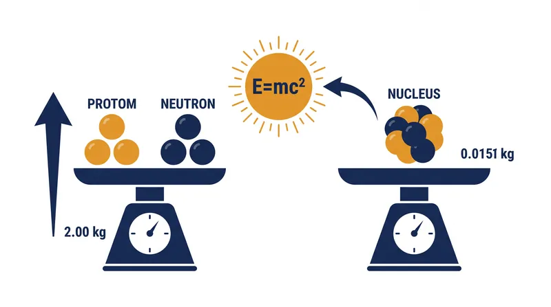 The mass defect: a bound nucleus weighs less than its constituent parts, with the missing mass converted into binding energy.