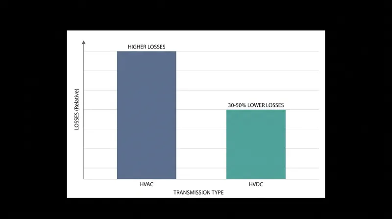 Over long distances, HVDC systems experience significantly lower energy losses by eliminating reactive power and the skin effect.