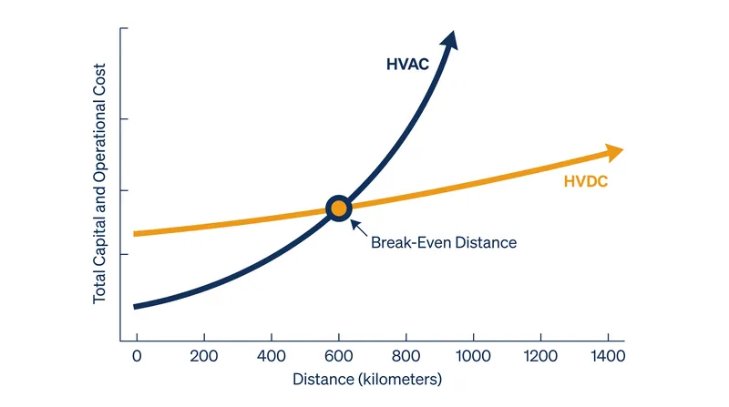 The break-even distance occurs where the high fixed cost of HVDC converters is offset by the lower per-kilometer cost of the transmission line.
