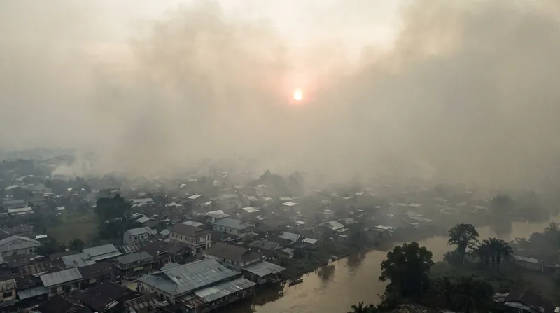 Thick grey and yellow smoke from peatland fires obscures the sky over a city in Central Kalimantan.