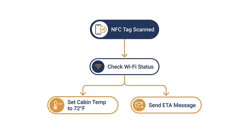 A single NFC tap can execute a complex chain of commands through Apple Shortcuts or Android Tasker.