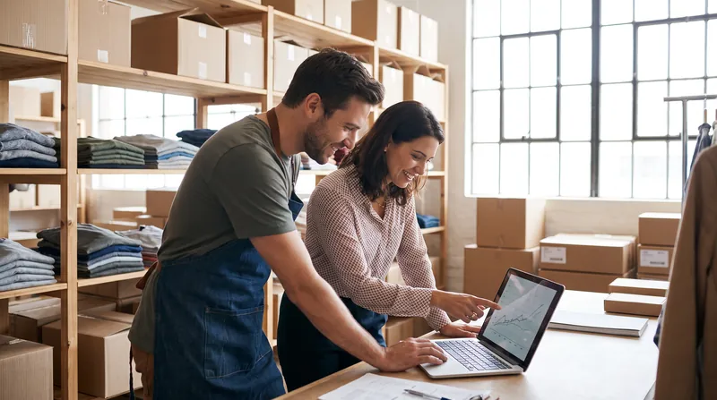 Two small business owners reviewing data on a laptop in a brightly lit modern workspace.