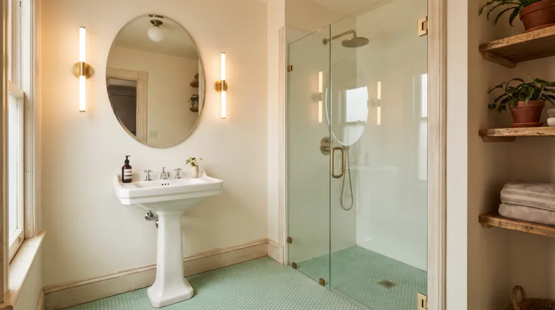Hybrid restorations integrate modern lighting and glass enclosures while preserving the original tile and fixtures.