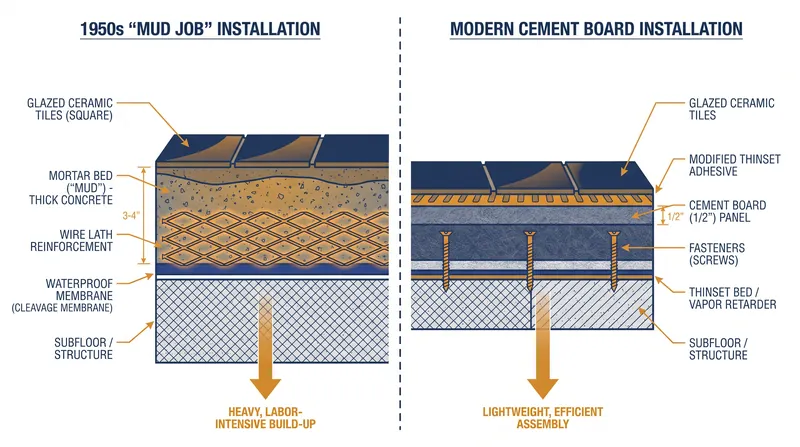 The traditional 'mud job' created a structural, waterproof shell that outlasts modern tile applications.