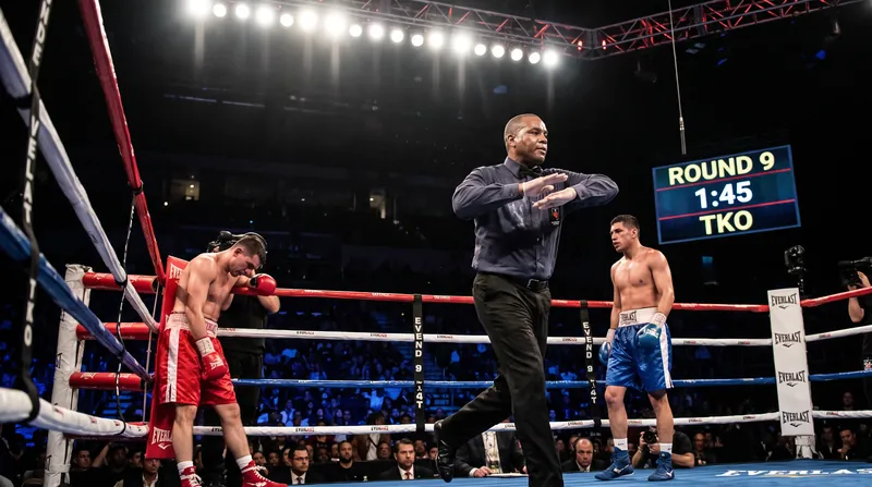 Referee Thomas Taylor steps in to halt the contest at the 1:25 mark of the second round.