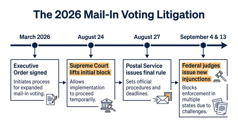 The legal battle over the administration's election overhaul has accelerated as the midterms approach.