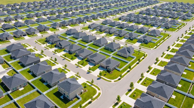 Aerial view of a suburban neighborhood with identical houses, manicured lawns, and uniform streets.