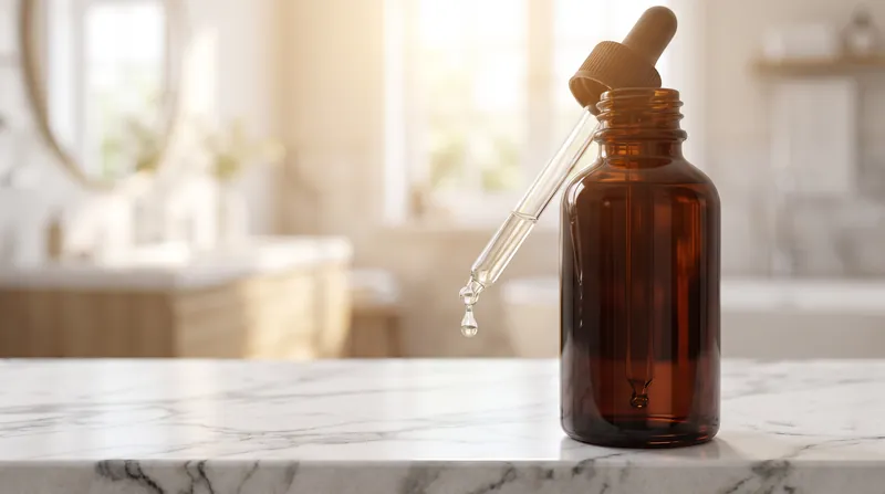 A dark amber glass dropper bottle resting on a clean marble counter with a single drop of clear serum.