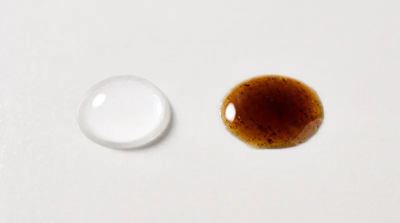 As L-ascorbic acid oxidizes, it shifts from a clear liquid to a dark brown, indicating it has lost its biological activity.