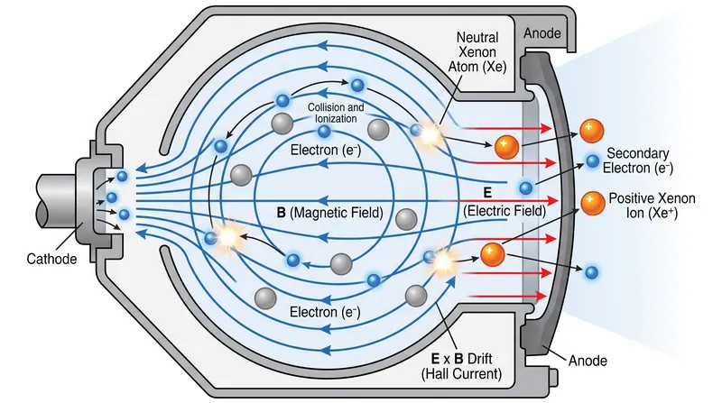 The radial magnetic field traps electrons in an azimuthal drift, creating a dense barrier that ionizes incoming propellant.
