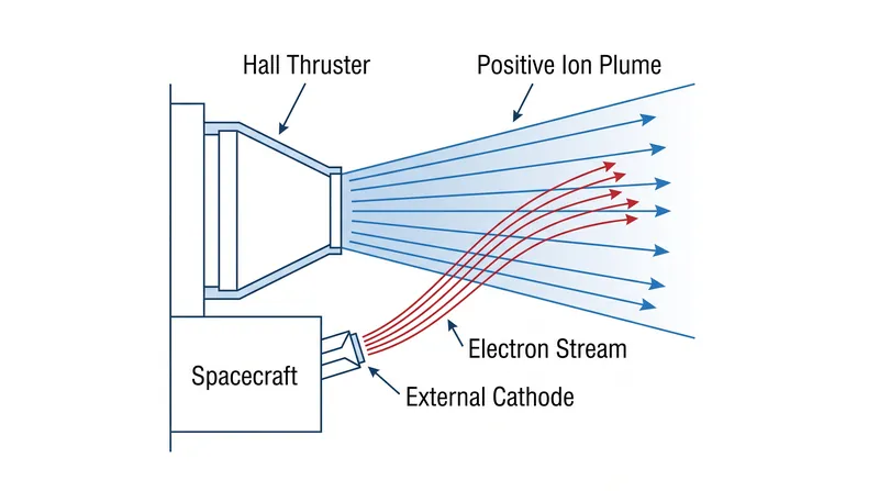 An external cathode must continuously neutralize the exhaust plume to prevent the spacecraft from pulling the ions back.