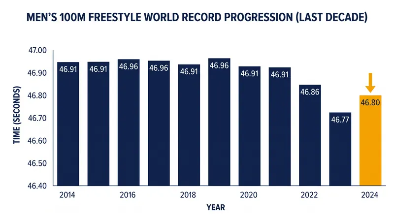 The men's 100m freestyle world record has plummeted into the mid-46-second range, establishing a new baseline for elite sprinters.
