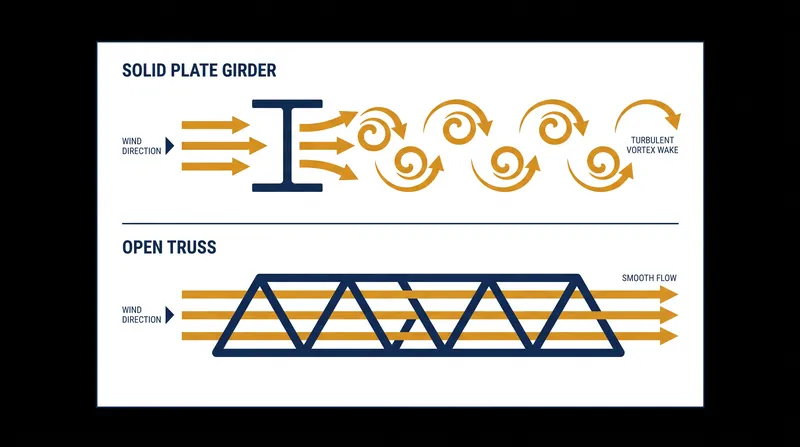 A solid deck creates alternating low-pressure eddies, while an open truss breaks up the airflow.