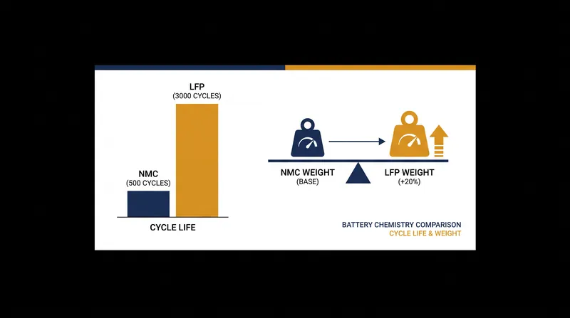 LFP batteries offer six times the cycle life of legacy NMC cells, trading physical weight for long-term durability.