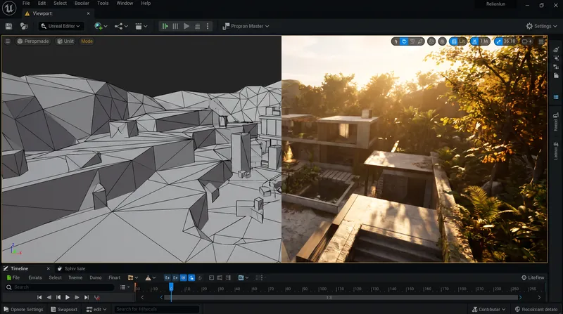 A split-screen view of a 3D game engine editor, showing unlit wireframe geometry on the left and a fully lit, textured scene on the right.