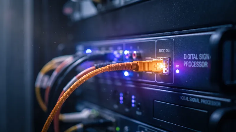 A glowing server rack in a dark data center with a single bright amber ethernet cable plugged in.